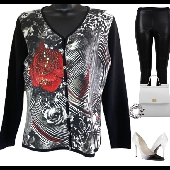 Moffi International black/white with red rose sequinned Sweater size S - Picture 9 of 9